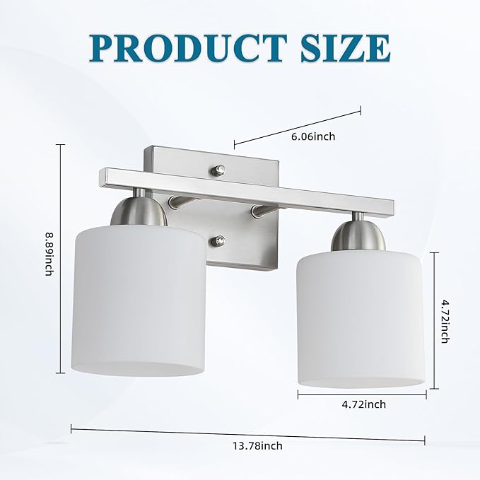 Stainless Steel Milk Glass Vanity Lights for Bathroom, 2 Light Brushed Nickel Bathroom Light Fixtures Over Mirror, Ceramic E26 Sockets Wall Mounted