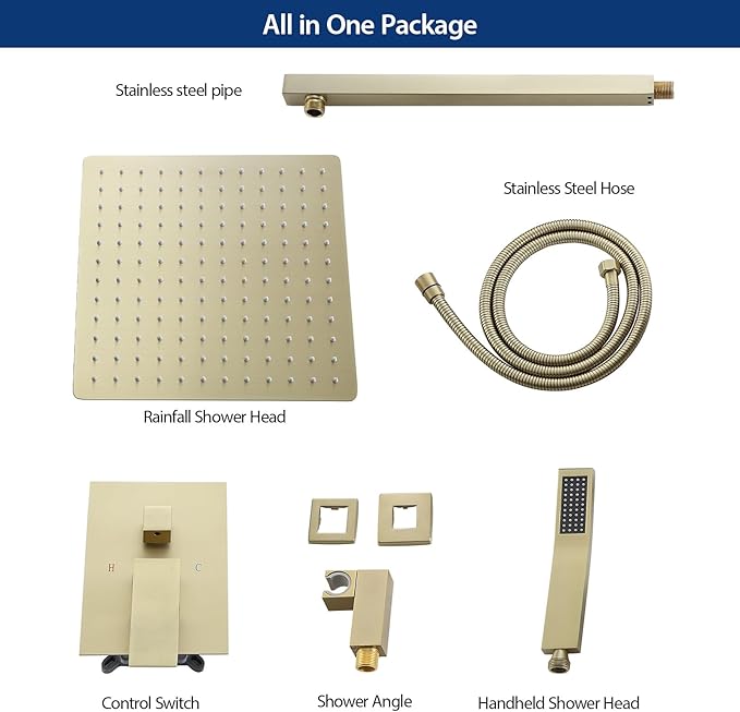 Sarlai Shower System Bathroom Faucet Set Square Rainfall Shower Head and Handle Combo Wall Mounted Shower Faucet with Valve 12 Inch Shower Head Trim Systems Gold Brushed