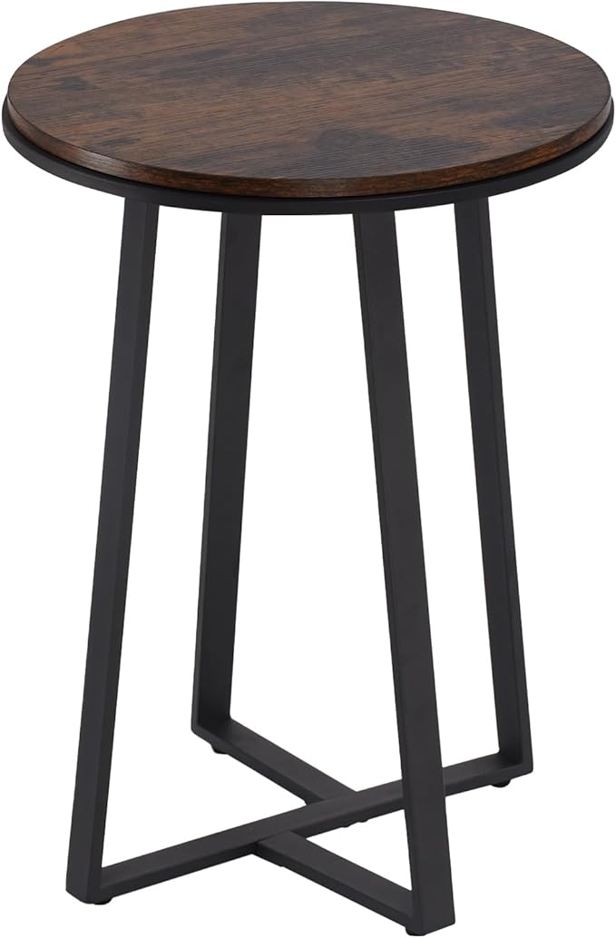 Side Table, Round End Table Vintage Brown Color MDF Top, Modern Coffee End Table for Living Room, Bedroom, Nightstand with Black Steel Frame for Small Spaces