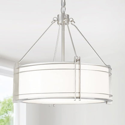 16.3''Drum Chandelier 3-Light Brushed Nickel Modern White Fabric Chandeliers Adjustable Drum Pendant Light for Dining Room Kitchen Island Hallway Living Bedroom