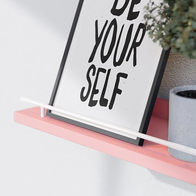WOPITUES Floating Shelves with Metal Guardrail, Shelves for Wall Decor Set of 3, Wall Shelves for Bedroom, Bathroom, Kitchen, Living Room, Plants, Picture Frames, Art-Pink