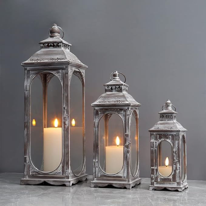TRIROCKS Set of 3 Vintage Candle Lanterns 10/14/19.5''H Decorative Outdoor Lantern Metal Candle Holder with Tempered Glass for Home Living Room Garden Yard Parties Event Indoors Outdoors (Cement Grey)