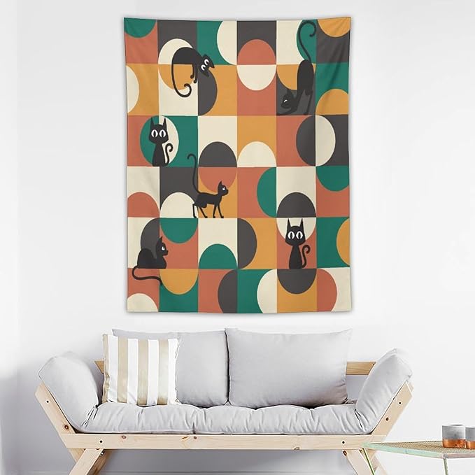 ICMOLYYENLO Boho Medieval Cat Tapestry, Abstract Atomic Starburst Geometric Aesthetic Art Wall Hanging For Bedroom Living Room Dormitory 60x60 Inches