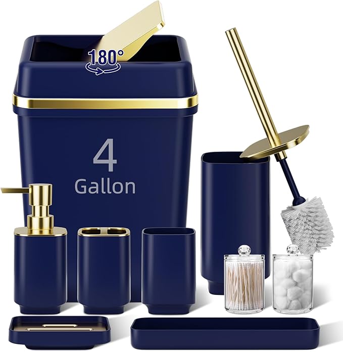 9PCS Bathroom Accessory Set, Navy Blue Bathroom Set with Large-Capacity 4 Gallon Trash Can, Bathroom Accessories Set Complete Toothbrush Holder, Soap Dispenser, Toilet Brush, Bathroom Decor