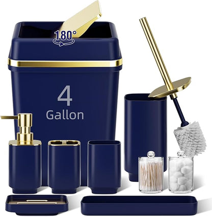9PCS Bathroom Accessory Set, Navy Blue Bathroom Set with Large-Capacity 4 Gallon Trash Can, Bathroom Accessories Set Complete Toothbrush Holder, Soap Dispenser, Toilet Brush, Bathroom Decor