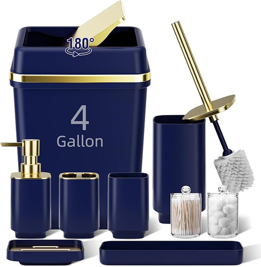 9PCS Bathroom Accessory Set, Navy Blue Bathroom Set with Large-Capacity 4 Gallon Trash Can, Bathroom Accessories Set Complete Toothbrush Holder, Soap Dispenser, Toilet Brush, Bathroom Decor