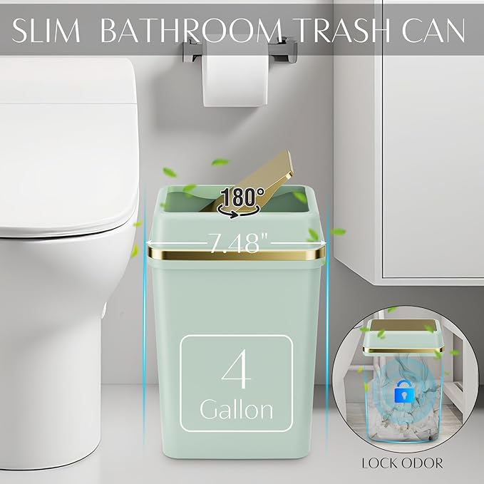 9PCS Bathroom Accessory Set, Green Bathroom Set with Large-Capacity 4 Gallon Trash Can, Bathroom Accessories Set Complete, Toothbrush Holder, Soap Dispenser, Toilet Brush, Bathroom Decor
