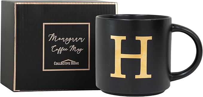 COLLECTIVE HOME - Monogram Ceramic Mugs, 15 oz Golden Initial Black Coffee Cups, Elegant Alphabet Tea Mugs, Elegant Personalized Mug with Gift Box, Unique Mug with Double Side Capital Lette (H)