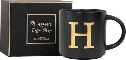 COLLECTIVE HOME - Monogram Ceramic Mugs, 15 oz Golden Initial Black Coffee Cups, Elegant Alphabet Tea Mugs, Elegant Personalized Mug with Gift Box, Unique Mug with Double Side Capital Lette (H)
