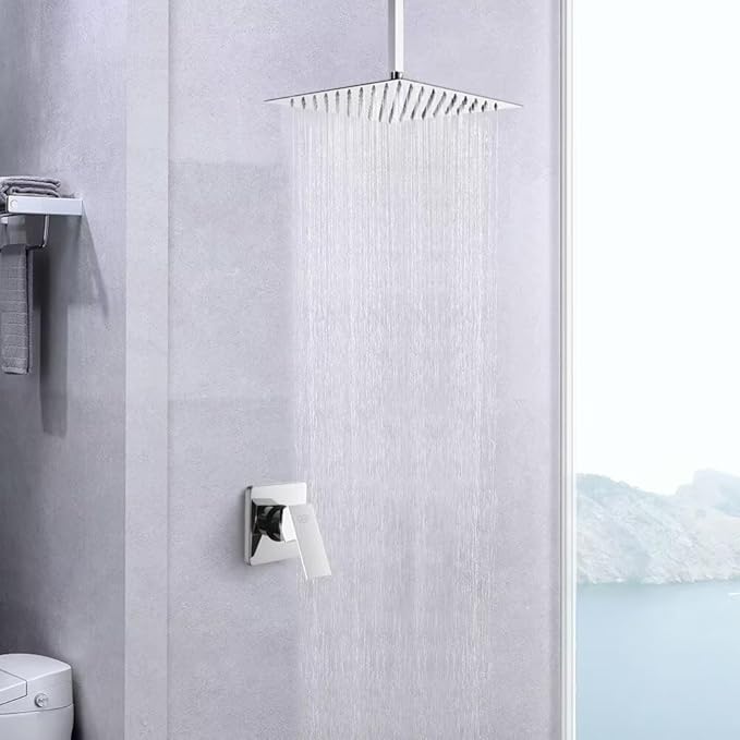 POP SANITARYWARE Single Function Shower Trim Kit with Rough-in Valve, Bathroom Rain Shower Set Bath Rainfall Shower Faucet System with Square Stainless Steel Metal Showerhead, Polished Chrome