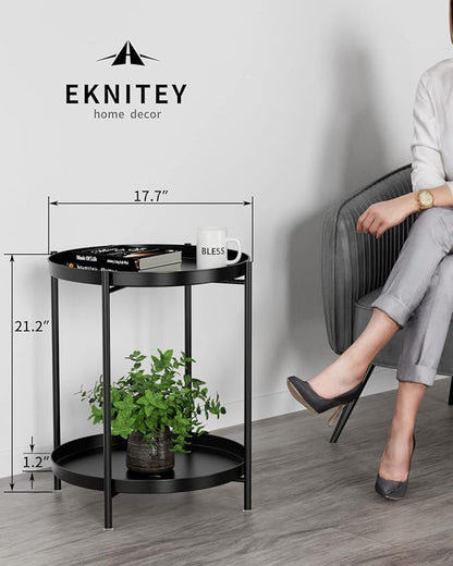 EKNITEY 2 Tier End Table - Metal Side Table Waterproof Small Sofa Coffee Side Tables Bedroom Indoor Outdoor with Removable Tray for Living Room Bedroom Balcony and Office (Black)
