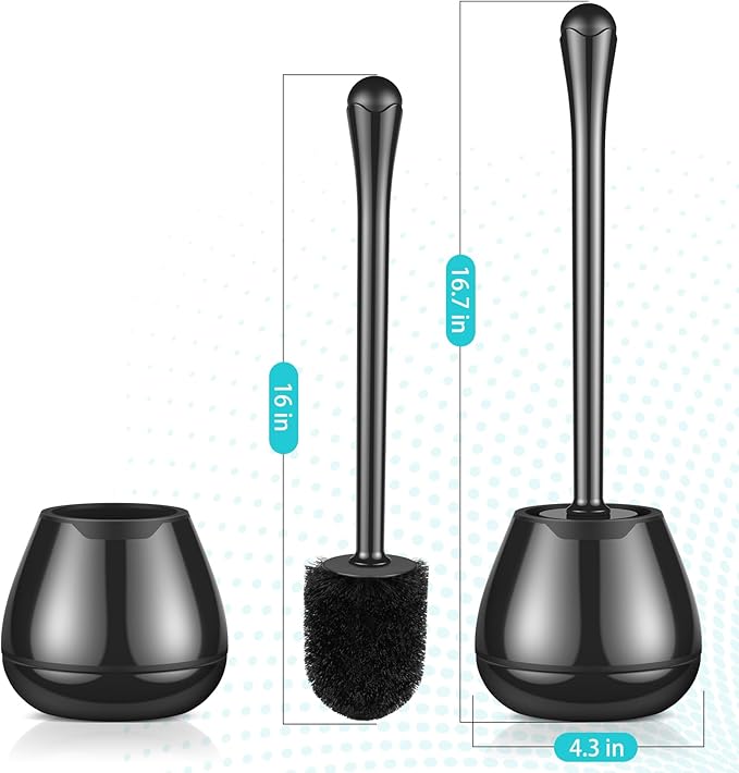 Toilet Brush and Holder, 2 Pack Toilet Bowl Brush with Long Handle, Plastic Holder Easy to Hide, Drip-Proof, Easy to Assemble, Deep Cleaning, Black