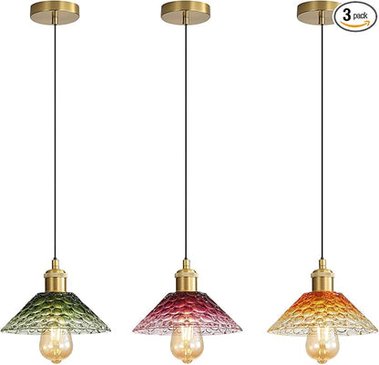 3-Pack Pendant Lights, Modern Glass Ceiling Hanging Light Fixtures,Adjustable Three Color Glass Shades Vintage Gold Chandeliers for Kitchen Island Dining Room Livingroom Entryway Farmhouse Bar