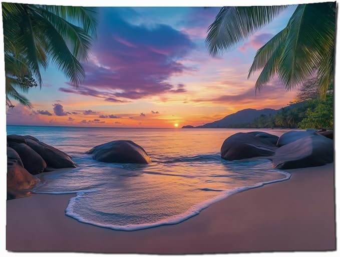 keowhsf Beach Sunset Ocean Tapestry – Tropical Palm Trees Wall Decor with Warm Orange Sky, Summer Seaside Landscape Wall Hanging for Bedroom Living Room Dorm