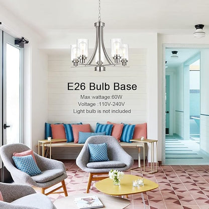 BONLICHT Traditional Chandelier Lighting 5 Light Brushed Nickel Modern Light Fixtures Hanging Pendant Lighting with Clear Glass Shade Classic Ceiling Lights for Kitchen Dining Room Living Room Island