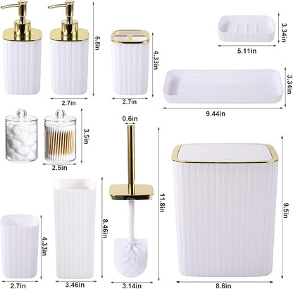 Bathroom Accessories Set - Gorgeous Bathroom Set, 10PC White Bathroom Accessory Set, Toilet Brush, Trash Can, Qtip Holder Dispenser & Soap Dispenser