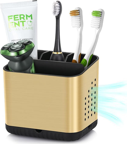 Toothbrush Holders for Bathrooms, Tooth Brush Holder for Bathroom Countertop Organizer, Kids Electric Toothbrush and Toothpaste Holder (Brushed Gold)