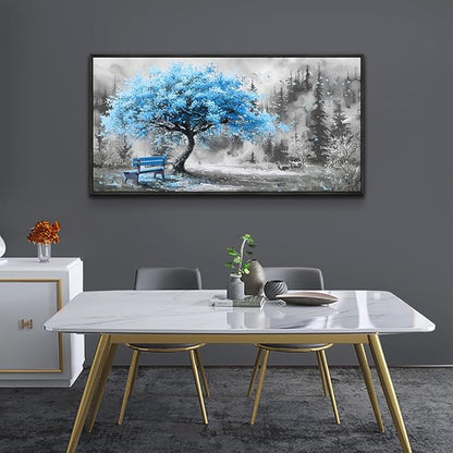 ZUITINGHUA Large Black Framed Wall Decor For Living Room Canvas Wall Art For Office Modern Wall Decorations For Bedroom Blue Tree Landscape Paintings Black And White Pictures Home Decor 24x48 In