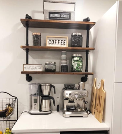 DR.IRON Industrial Pipe Shelves Wall Shelving Rustic Wood Shelf Storage Shelves 3 Tiers Wall Mount Pipe Design DIY Shelf Retro Wall Shelving (Black, 24" L)