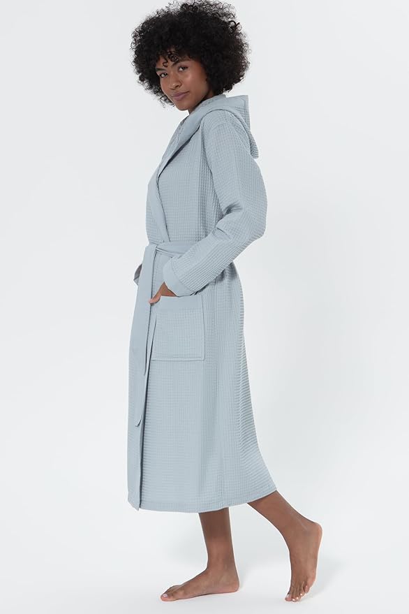 Women’s Luxury Waffle Shawl Collar, Hooded Robe w Piping – Lightweight, Long, Ultra Soft Spa Sleepwear Bathrobe