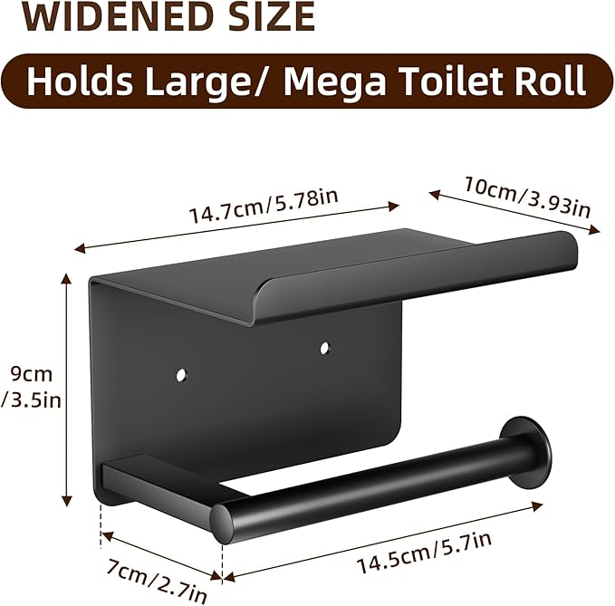 Adhesive Toilet Paper Holder with Phone Shelf, Wall Mounted Toilet Paper Roll Holder, Rustproof Bathroom Tissue Roll Holder with Shelf, Sticky Toilet Paper Roll Holder- Matte Black…