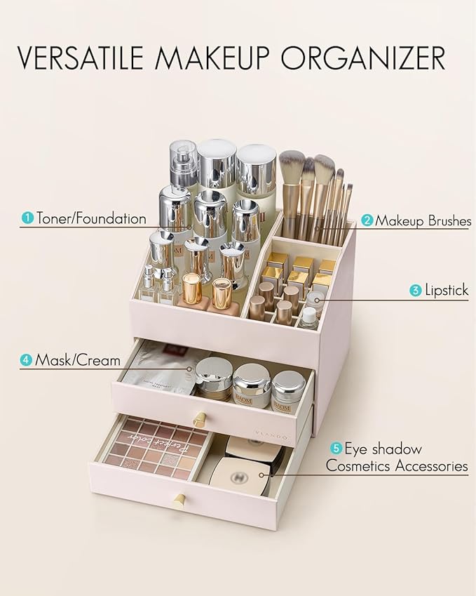Vlando Makeup Organizer,Skincare Organizer for Vanity，PU Leather Make up Organizer with Drawers Cosmetic Display Case for Countertop,Perfume,Gifts Ideas for Women (Apricot White)