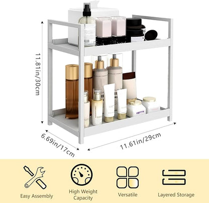 2-Tier Bathroom Countertop Organizer Multifunctional Vanity Tray Cosmetic and Makeup Storage Rack Kitchen Spice Shelf Freestanding Organizer (White)