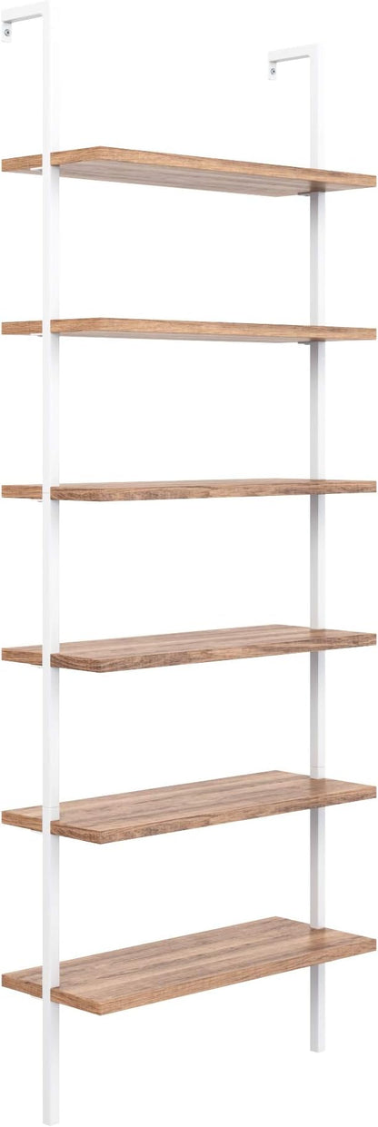 Nathan James Theo 6-Shelf Tall Bookcase, Wall Mount Bookshelf with Natural Wood Finish and Industrial Metal Frame, Rustic Oak/White, Set of 2