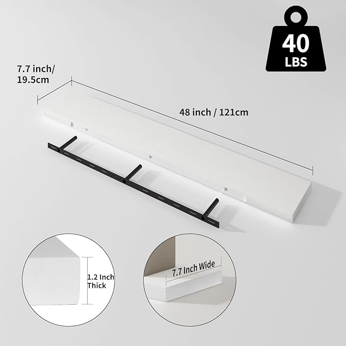 SAUMONIERES Floating Shelves 8 Inch Deep Solid Wood Wide Wall Shelf Set of 1 Wall Mounted for Bedroom Bathroom Living Room Kitchen, 48 Inch White