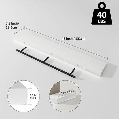 SAUMONIERES Floating Shelves 8 Inch Deep Solid Wood Wide Wall Shelf Set of 1 Wall Mounted for Bedroom Bathroom Living Room Kitchen, 48 Inch White