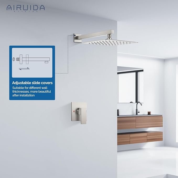 Airuida Shower Faucet Set Bathroom Rain Shower System SUS304 Stainless Steel Single Handle With Male Threads Rough-in Valve Shower Trim Kit 12 Inch Wall Mount Shower Head Brushed Nickel