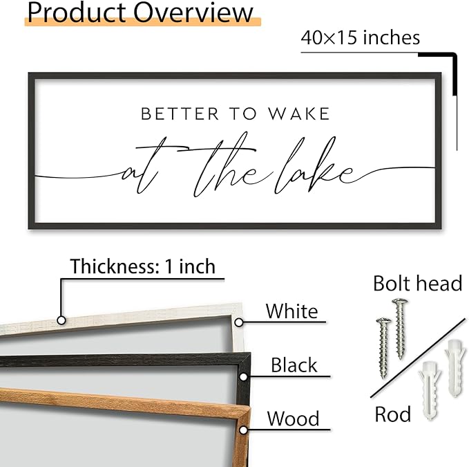 SRSZHIYUE Better To Wake At The Lake Wall Decor Above Bed Sign 40"×15" for Lake House Bedroom Over Bed Large Wood Framed Wall Hanging Art (Black)