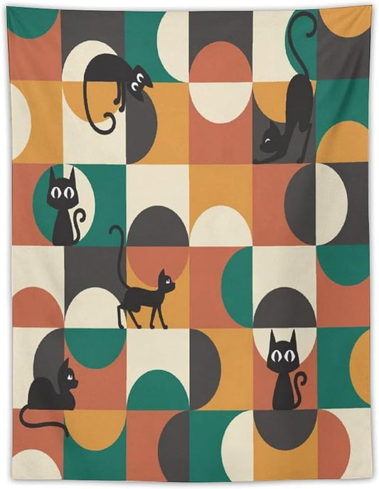 ICMOLYYENLO Boho Medieval Cat Tapestry, Abstract Atomic Starburst Geometric Aesthetic Art Wall Hanging For Bedroom Living Room Dormitory 60x80 Inches