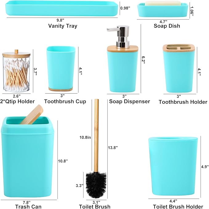 Teal Blue Bathroom Accessories Set with Trash Can 9 Piece Bathroom Decor Toothbrush Holder,Toothbrush Cup,Lotion Soap Dispenser,Vanity Tray,Soap Dish,Toilet Brush,Qtip Holder