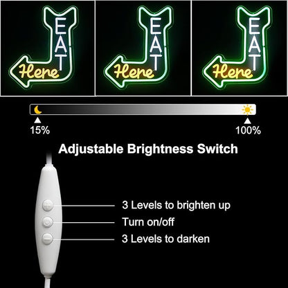 Eat Here Neon Sign Kitchen Neon Signs for Wall Decor with Arrow Guidance Green Orange White Eat Dimmable LED Sign Diner Neon Signs for Wall Bar Restaurant Kitchen Man Cave Decor