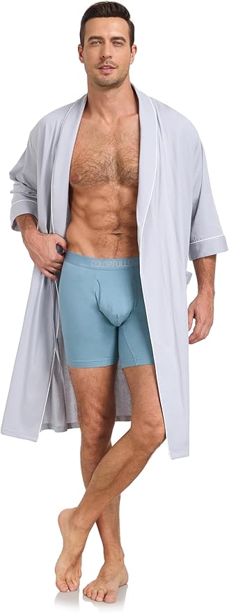COLORFULLEAF Men's Bathrobes 100% Cotton Soft Comfort Breathable Short Sleeve Summer Kimono Mens Lightweight Robe