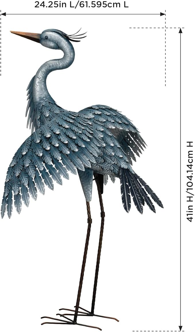 Regal Art & Gift Outdoor Garden Décor, Unique Bird Sculpture, Rustic Metal Bird Statues, Garden Ornaments, Bird Figurine for Lawn, Decorative Sculpture, Heron, Blue, Wings Down, 41"height