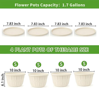 Quarut 10 inch Plastic Flower Pots for Indoor Plants，4 Pack Large Outdoor Planter Pot with Drainage Holes & Saucers，Imitation Wine Barrel Design，for Indoor Outdoor Garden Plants（White）