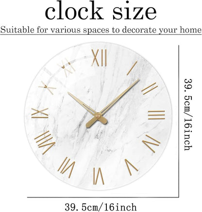 White Marble Large Clocks for Living Room Round Glass Wall Clock Battery Operated 16 Inch Silent Wall Clock Non Ticking
