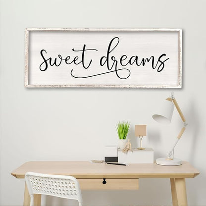 comurdyo Sweet Dreams Wall Decor Above Bed Sign 32" x 12" Master Bedroom Wooden Antique Framed Large Rustic Farmhouse Guest Room Beautiful Simple Hanging Plaque Over Bed Wall Art (White)