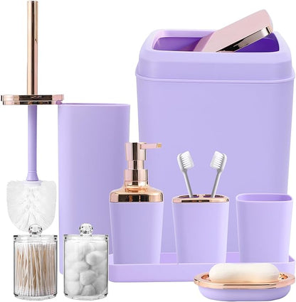 9-Piece Bathroom Accessories Set, Purple Bathroom Accessories Sets Complete with Trash Can,Tray,Soap Dispenser,Toothbrush Holder,Toothbrush Cup,Soap Dish,Toilet Brush and Q-tip Holders