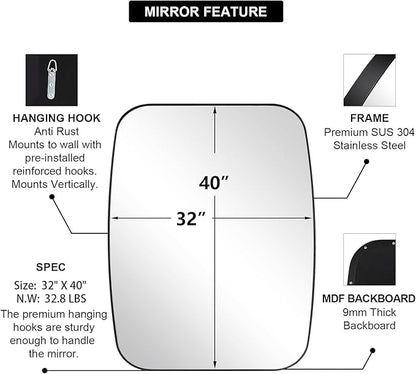 ANDY STAR Black Oblong Mirror, 32x40 Inch Black Oval Mirror for Bathroom with Stainless Steel Metal Frame, Wall Mouned for Bathroom, Living Room, Entryway