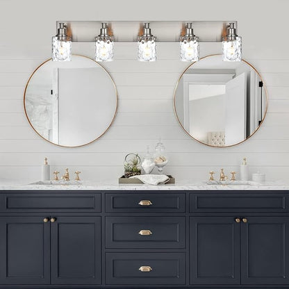 BONLICHT 5 Lights Sconces Wall Lighting Brushed Nickel with Hammered Glass Shade, Industrial Bathroom Light Fixtures Vanity Lights Porch Light Fixtures Classic Metal Wall Mount Lamp Over Mirror