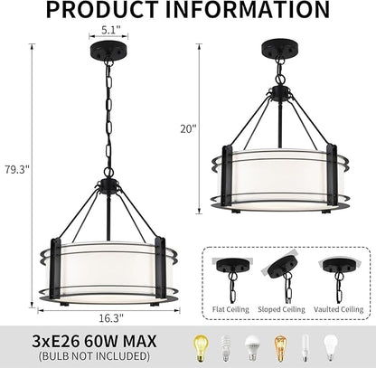 16.3''Black Drum Chandelier 3-Light Modern Farmhouse Chandelier with White Fabric Shade Adjustable Drum Pendant Light Fixture for Dining Room Kitchen Island Hallway Living Bedroom