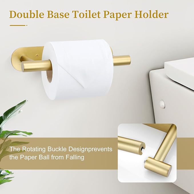 Brushed Gold Toilet Paper Holder, Upgraded SUS304 Stainless Steel Toilet Roll Holder, Modern Double Base Paper Towel Holder Wall Mount for Bathroom, Kitchen, Washroom