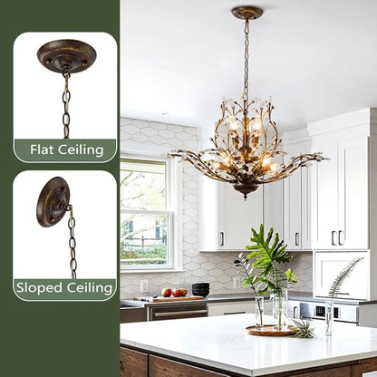 Vintage Farmhouse Chandelier 8-Light Crystal Branch Pendant Lights for Living Room Dining Room Porch Kitchen Island Bedroom Restaurant, Aged Bronze