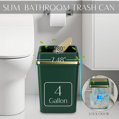 9PCS Bathroom Accessory Set, Dark Green Bathroom Set with Large-Capacity 4 Gallon Trash Can, Bathroom Accessories Set Complete, Toothbrush Holder, Soap Dispenser, Toilet Brush, Bathroom Decor