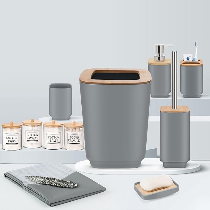 Bathroom Accessories Set,Grey Bathroom Set,24 Pieces Bathroom Accessory Set with Shower Curtain,Trash Can for Bathroom Accessories Décor and Home Gifts