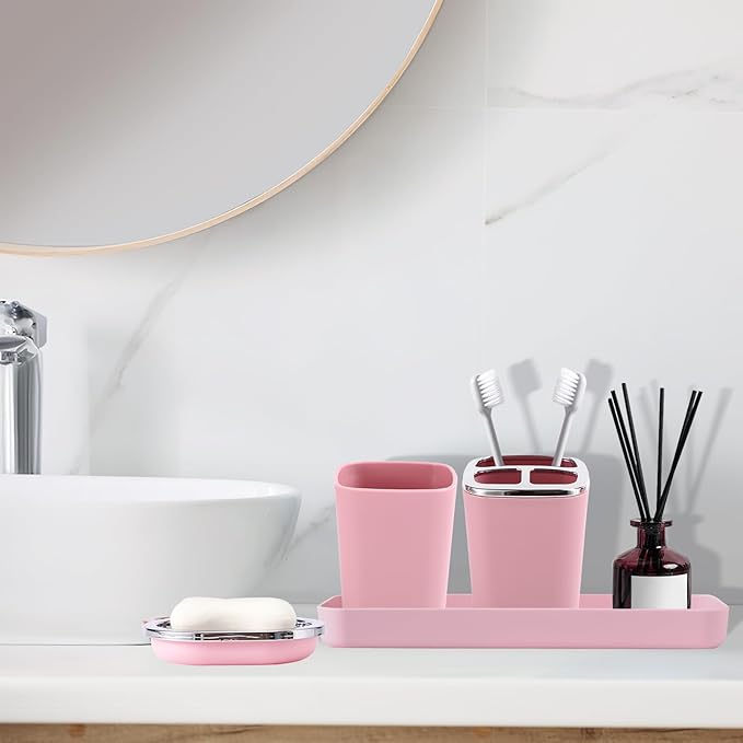 Pink Bathroom Accessories Set, 9PCS Pink Bathroom Accessory Sets Complete with Trash Can, Tray,Soap Dispenser,Soap Dish,Toothbrush Holder,Cup,Toilet Brush and Qtip Holders for Housewarming