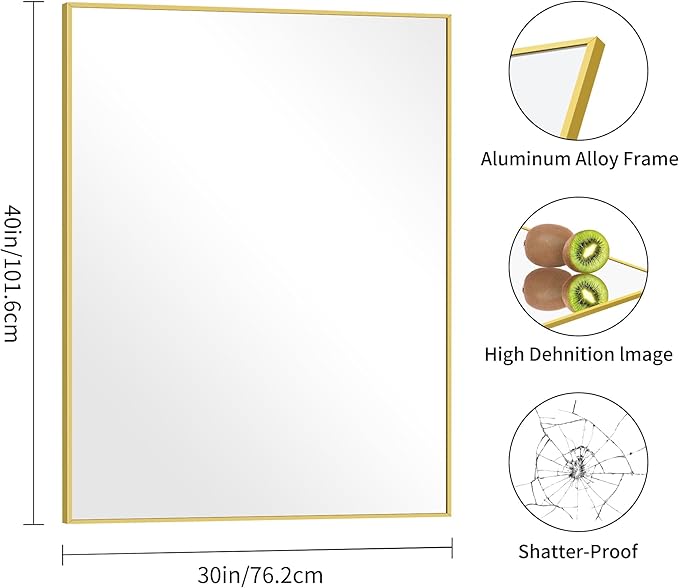 30x40In Gold Bathroom Mirror for Wall, Brushed Gold Rectangle Mirrors with Metal Frame, Bathroom Rectangular Mirror Modern Wall Mirror for Bedroom Living Room, Hangs Horizontal or Vertical